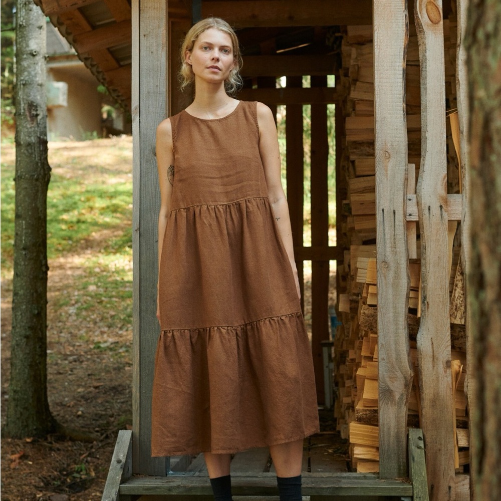 Linenfox Amalie Linen Wool Blend Dress in Brown S-M